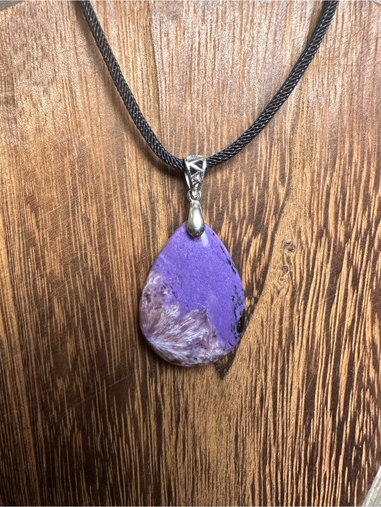 Jewelry - Charoite Teardrop Necklace on Sterling Silver Bail and Black Rope